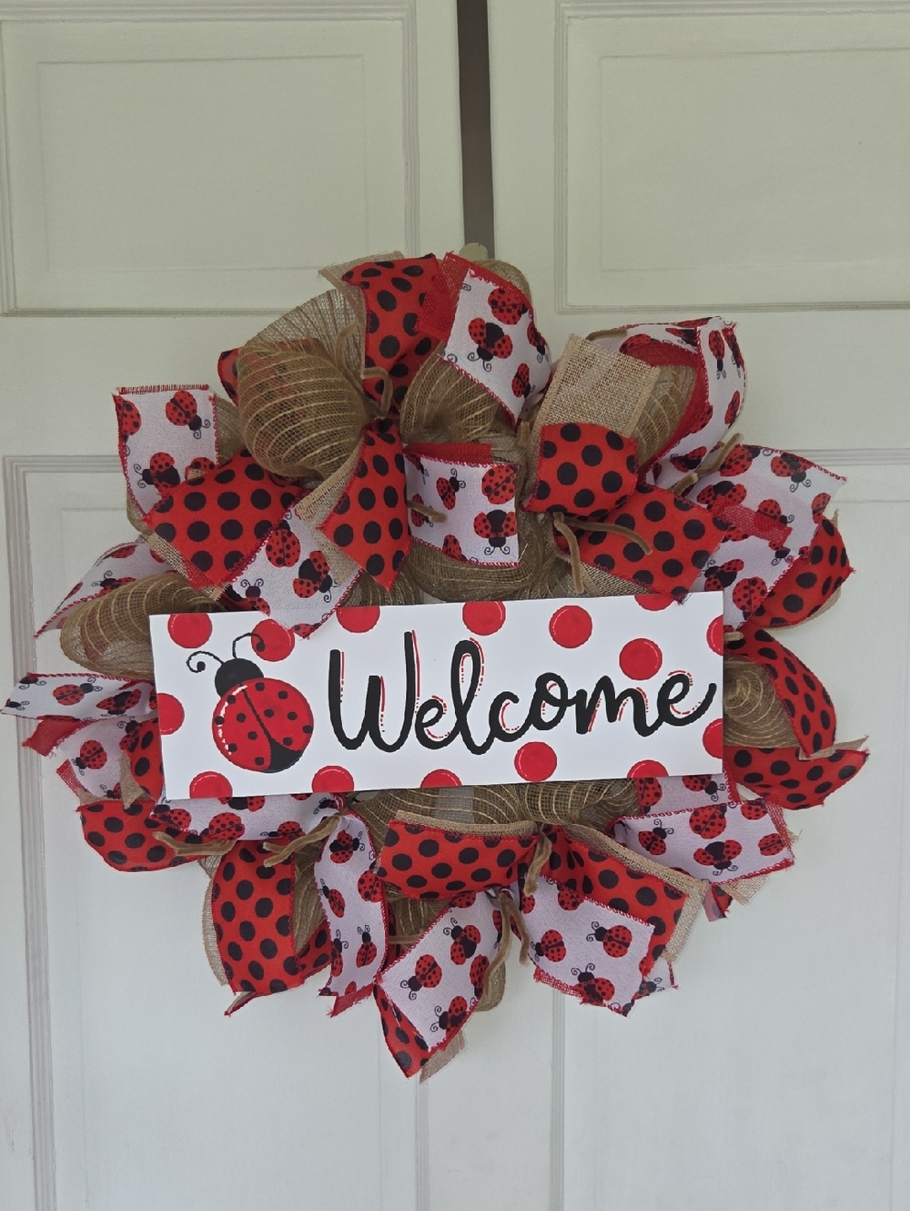 Welcome Ladybug Wreath Burlap Farmhouse Wreath Summer Wreath Ladybug Door Decor - Picture 3 of 8